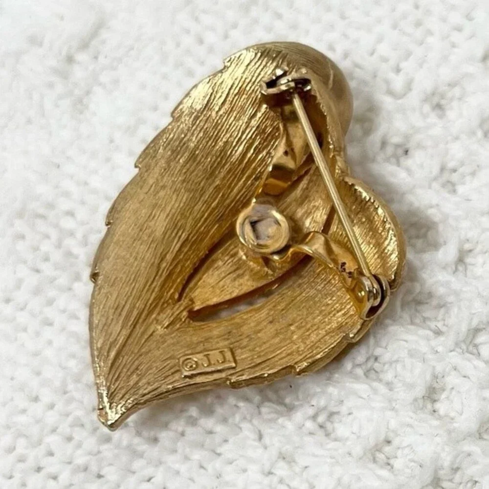 90s Vintage Jonette Jewelry Brooch Brushed Gold Tone Large Leaf Pin